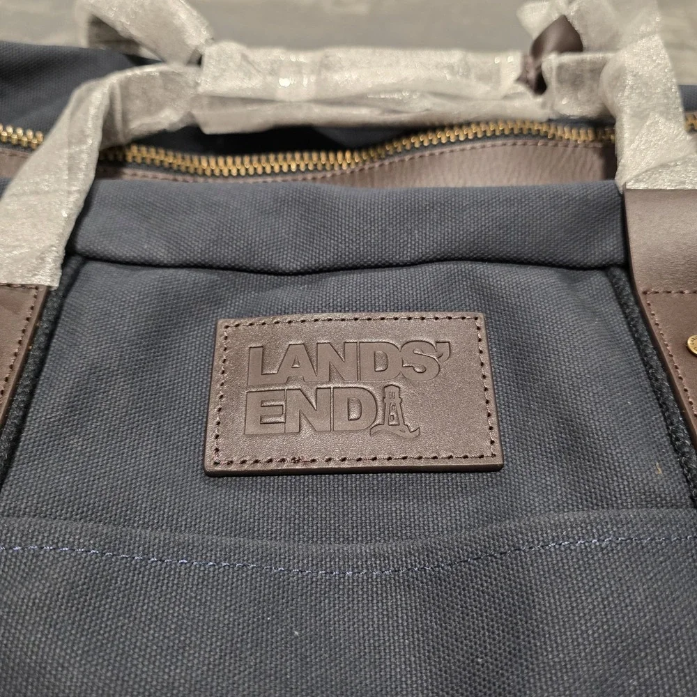 Lands End Navy Blue Canvas & Brown Leather Weekender Duffle Bag Tote NEW